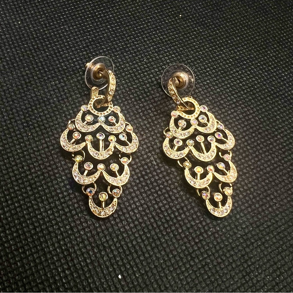 Kirks Folly Gold Plated AB Rhinestones Moons‎ Chandelier Dangle Pierced Earrings